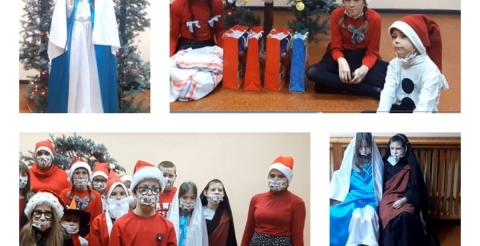Na zdjęciu dzieci ze Szkoły Podstawowej w Sędzinku w trakcie przedstawienia świątecznego.