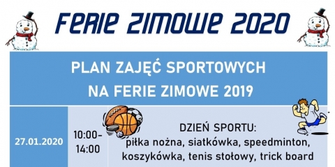 FERIE 2020 - plan zajęć sportowych na pierwszy tydzień ferii